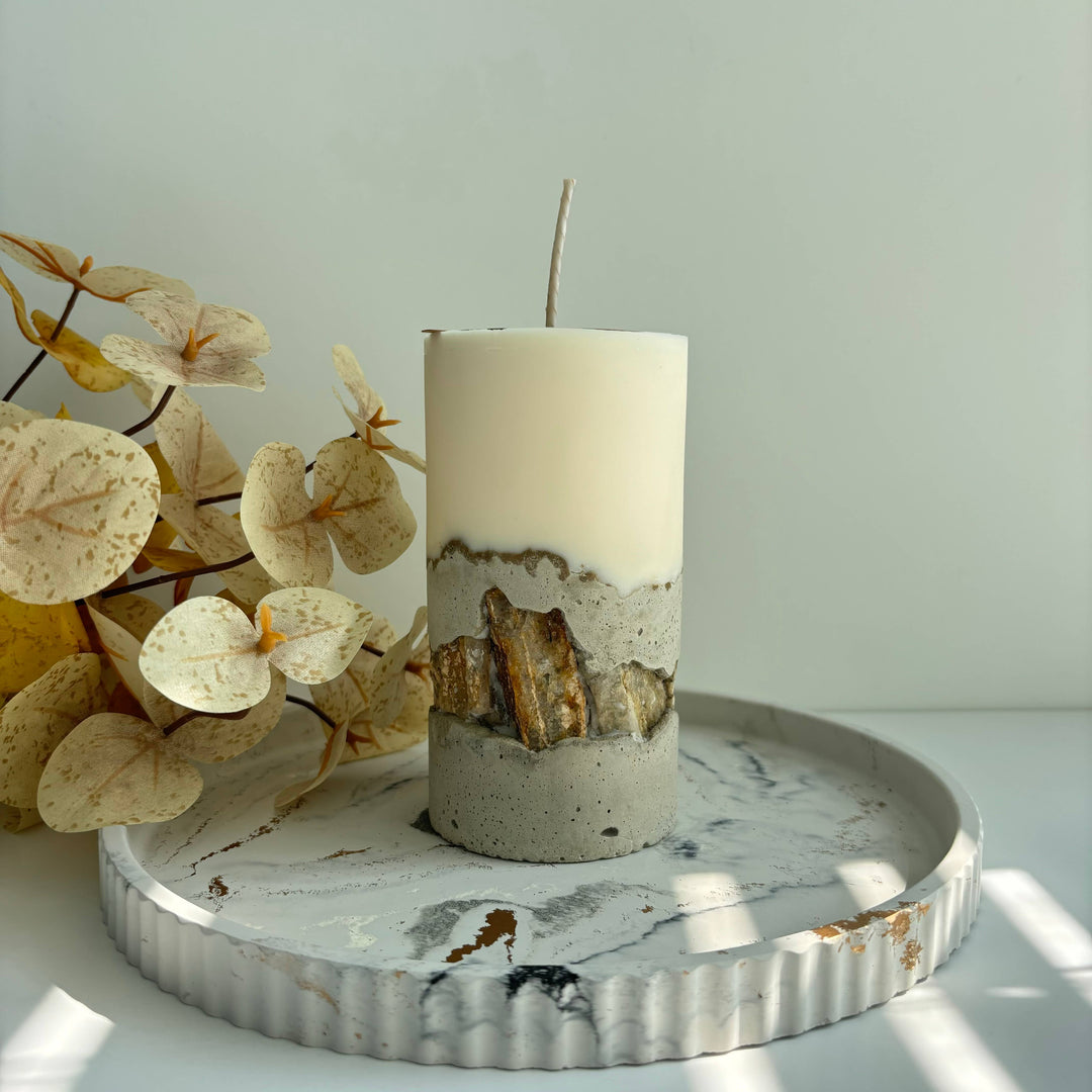 Concrete Pillar Candles | Candle: Black & Sahara Sunset / Morroccan Cashmere