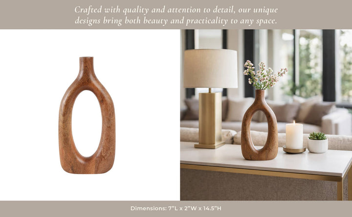 Brown 14x7 in. Wooden Casual Novelty Open Cut-Out Vase