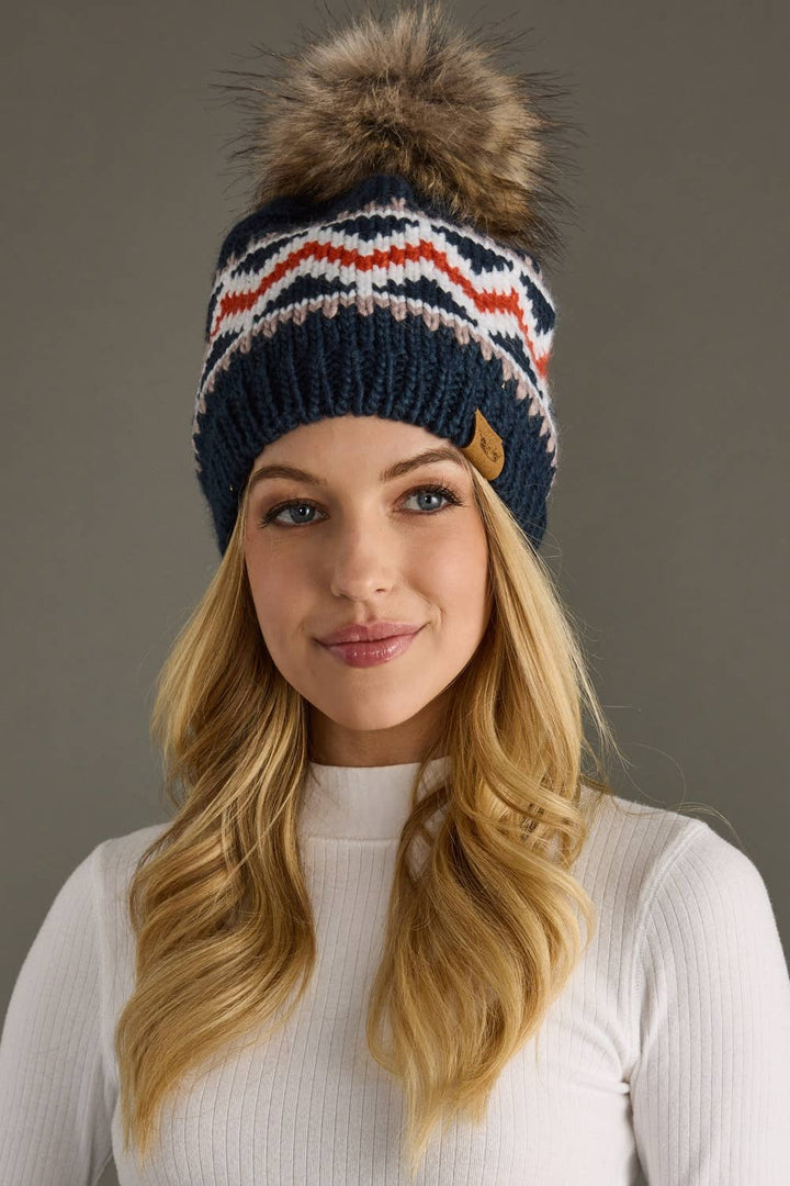 Dk. Navy, Red & White Patterned Pom Hat