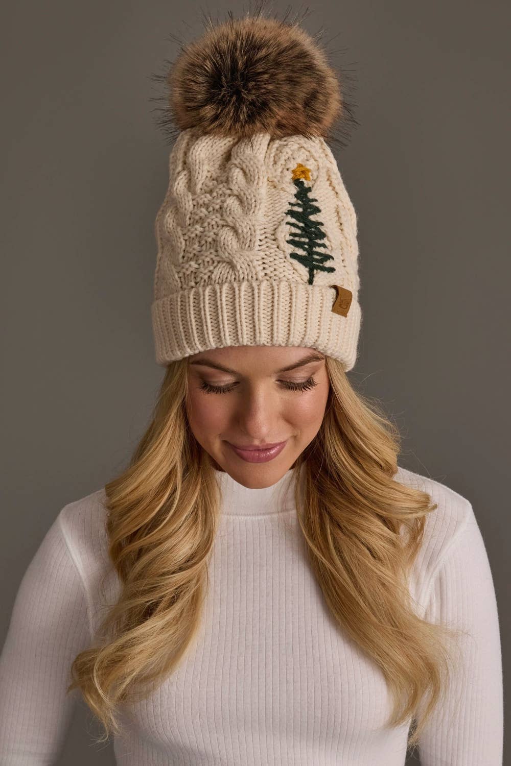 Beige Cable Knit Pom Hat w/ Embroidered Tree