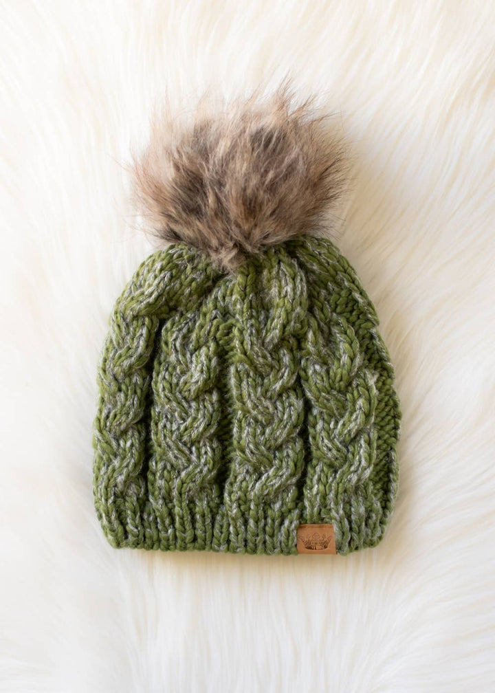Olive Cable Knit Pom Hat