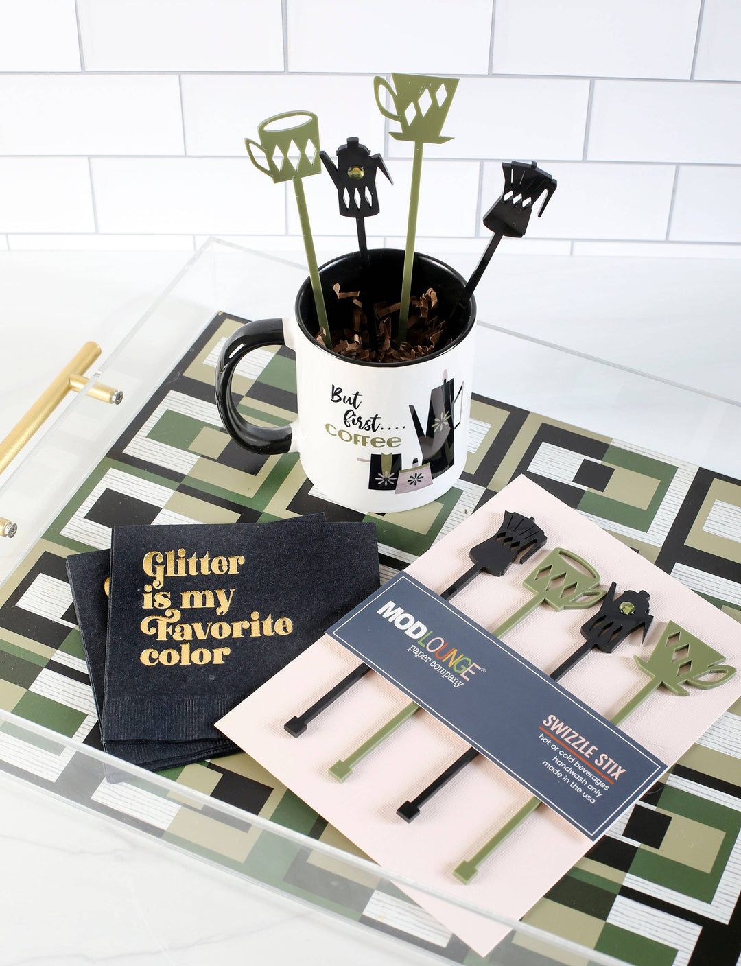 Green Square in Rectangle Acrylic Tray with Gold Handle