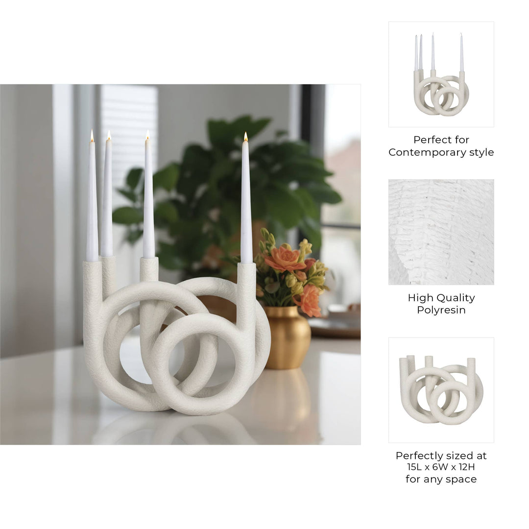 Candle Holder - White Polyresin Twisted Ring 4-Taper, 12 in.