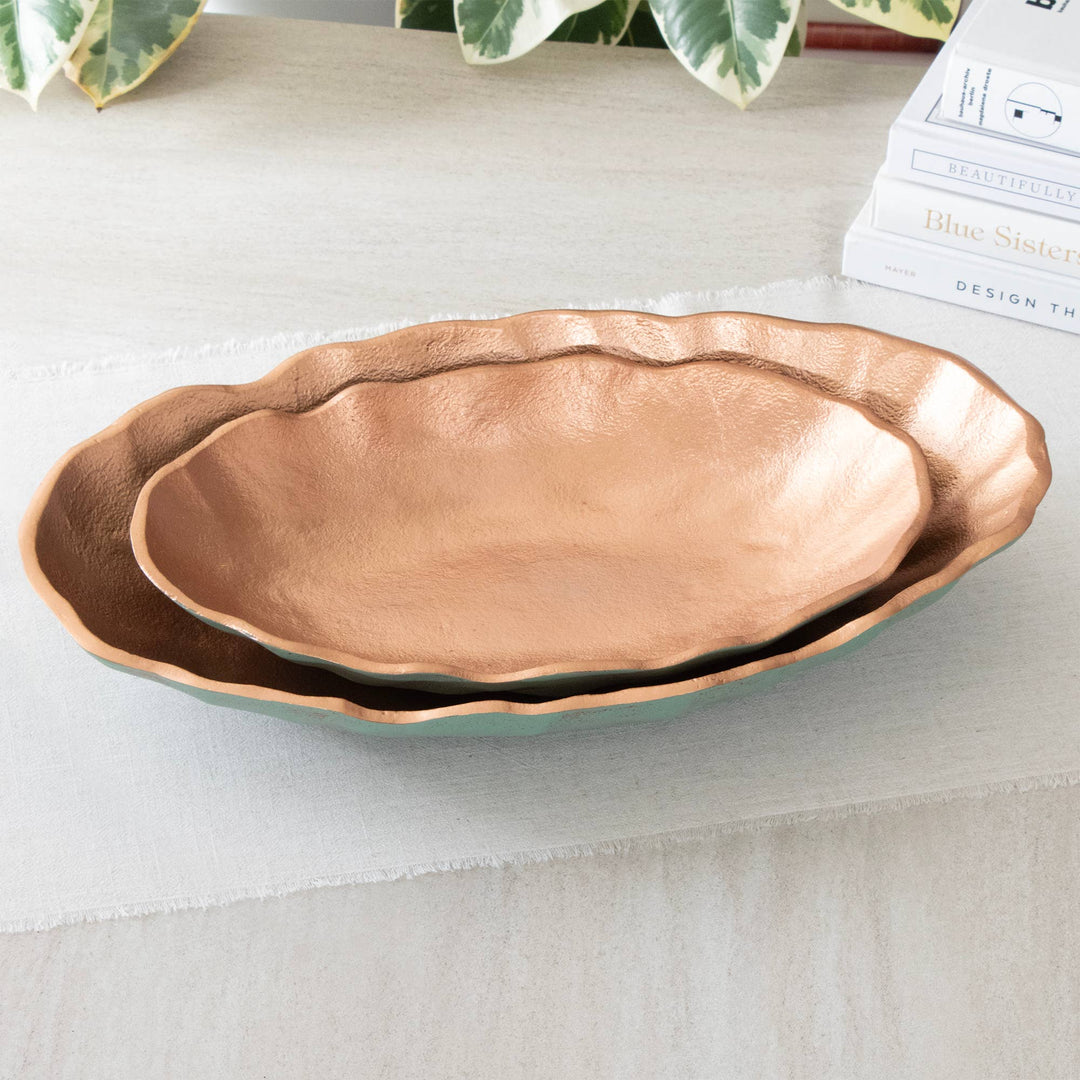 Set of 2 Turquoise Copper Metal Decorative Oval Bowls