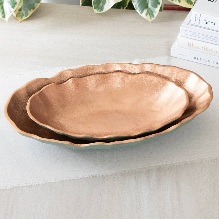 Set of 2 Turquoise Copper Metal Decorative Oval Bowls