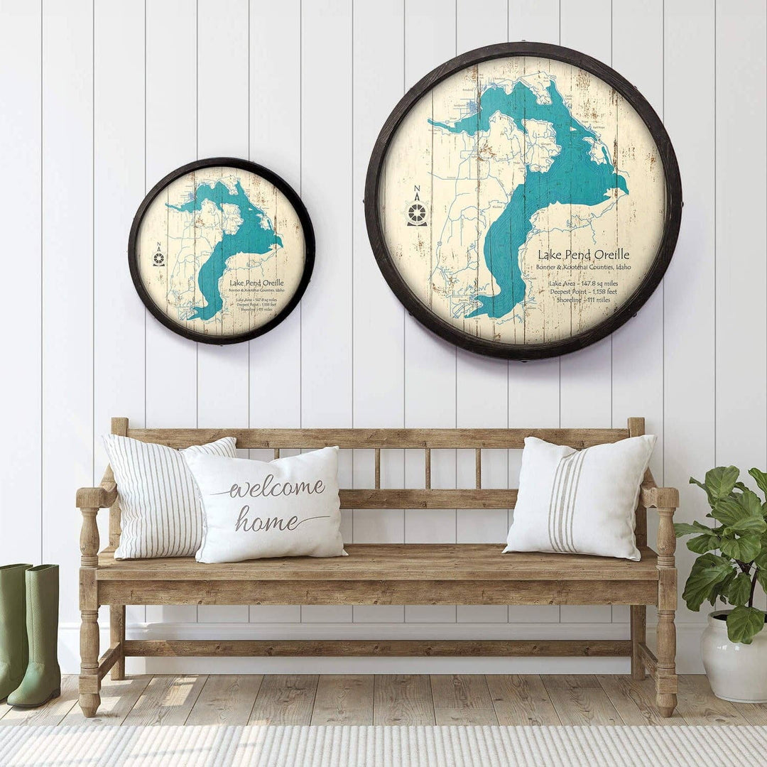 Lake Pend Oreille, Idaho on a Barrel End: Wood / 24" x 24"