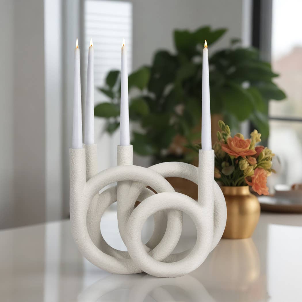 Candle Holder - White Polyresin Twisted Ring 4-Taper, 12 in.