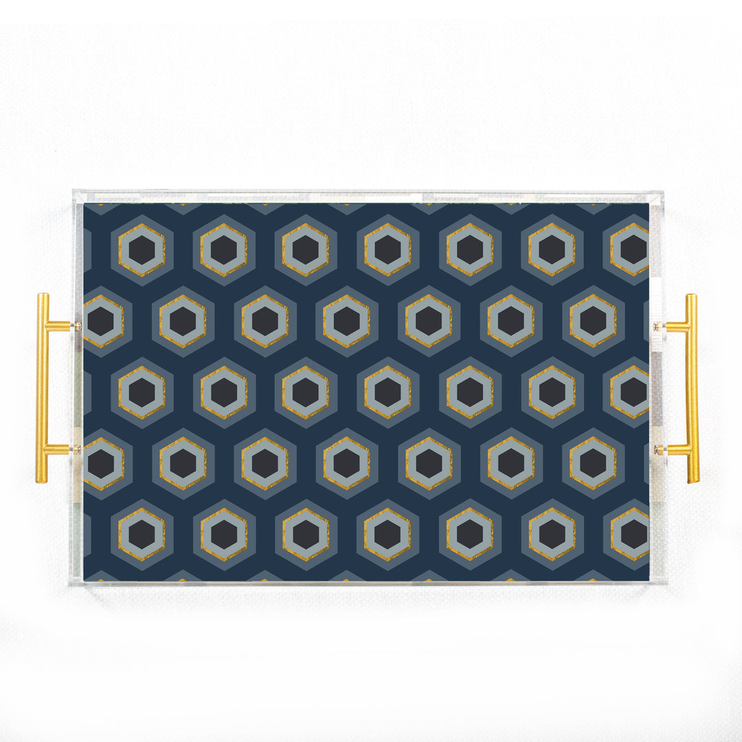 Blue Hexagon Rectangle Acrylic Tray with Gold Handle