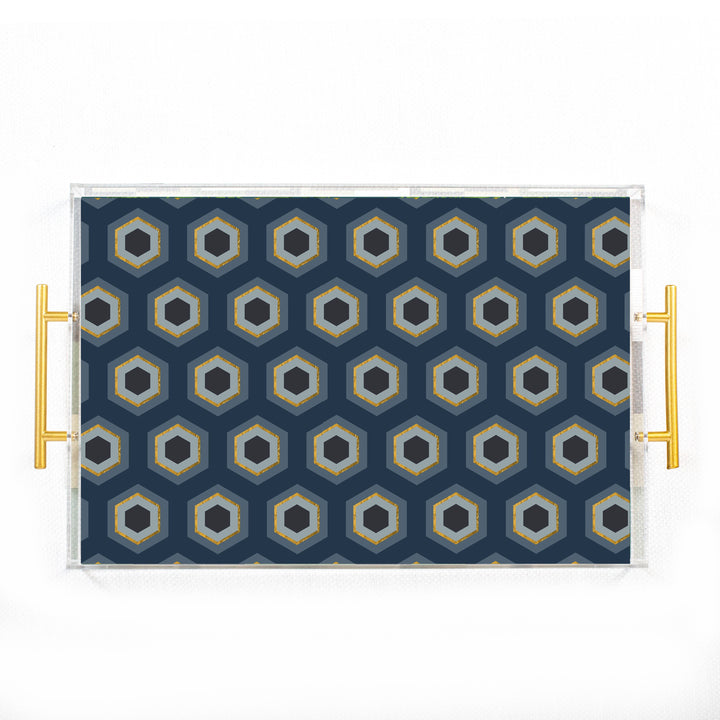 Blue Hexagon Rectangle Acrylic Tray with Gold Handle