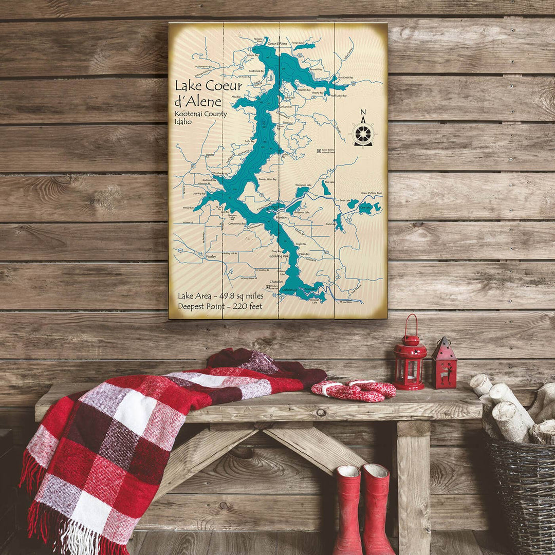 Lake Coeur d'Alene, Idaho - Wood & Metal Wall Art: Wood / 28" x 38"