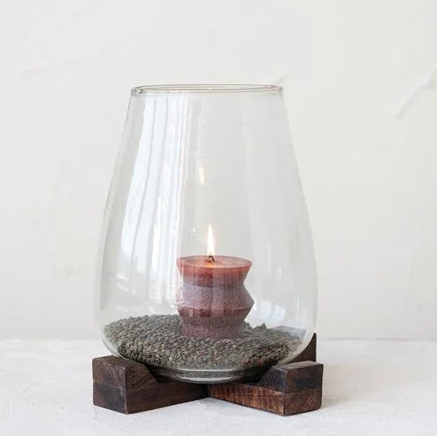 Glass Hurricane Vase w/ Mango Wood Base