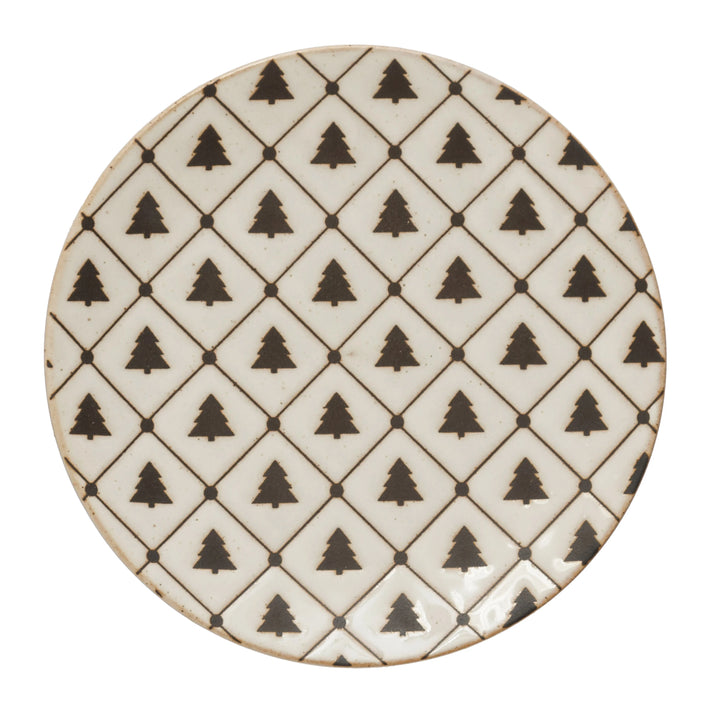 6" Round Stoneware Plate with Tree Pattern, Reactive Glaze, White and Black