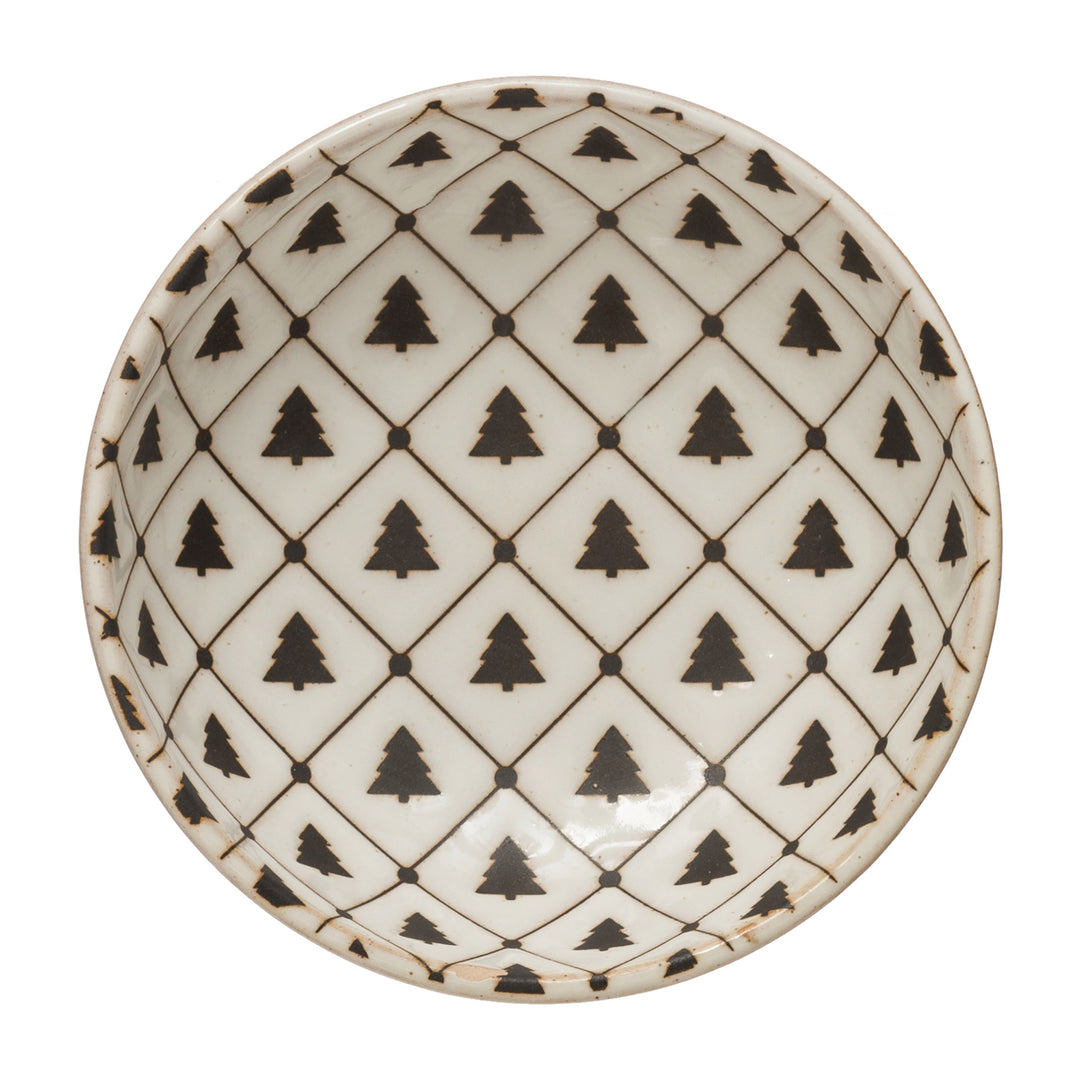 5" Round x 1-1/2"H Stoneware Bowl with Tree Pattern, Reactive Glaze, White and Black